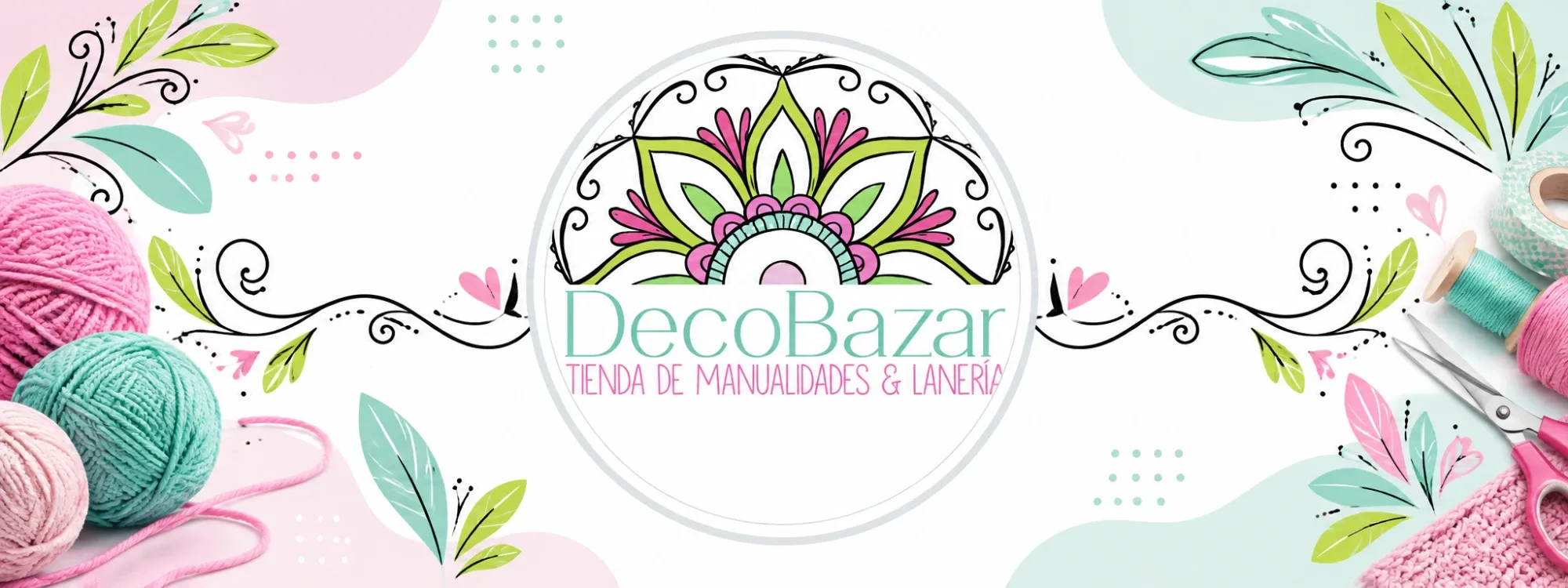 Portada de DecoBazar, tienda de manualidades y lanería: logo con mandala rosado y verde, ovillos de lana menta y rosados, hilos y tijeras